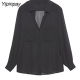 Yipinpay 2023 Thin Women Solid Blouses With Patch Pockets Spring Autumn Casual Long Sleeved Tops Summer Single Breasted T-Shirts