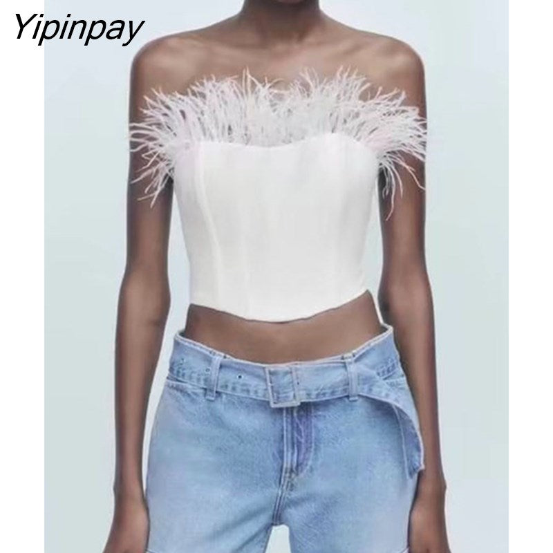 Yipinpay 2023 Women's Sexy Solid Color Feather Tops Fashion Sleeveless Shirts Comfort Tank Up Female Slim Suspender Lingerie