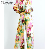 Yipinpay Women Tie Dye Print Pants Suits 2023 New Shirt With High Waist Zipper Pants 2 Piece Sets Elegant Office Lady Outfits
