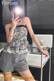 Yipinpay Tees Tanks Sexy Camis Tie-dyed Shirt Summer Vintage Strapless Crop Top Y2k Women Clothing Femme Crochet Top Floral Print