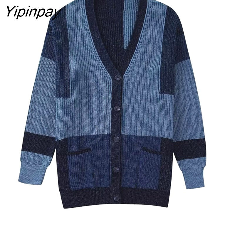 Yipinpay Women Patchwork Knitted Sweater 2023 Simple Autumn Winter Warm Female Single Breasted Cardigan V-neck Long Sleeve Tops