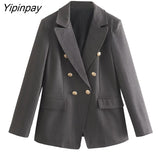 Yipinpay Spring Autumn Women Double Breasted Blazer Coat 2023 Vintage Notched Long Sleeve Jacket Office Lady Pockets Outerwear Tops