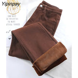 Yipinpay Winter Warm High Waist High Elastic Thickened Mini Flare Jeans Woman Lengthened Plus Velvet