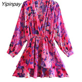 Yipinpay Summer Women Floral Printed Dresses 2023 Elegant V-neck Elastic Waist Mini Dress A-line Batwing Sleeve Party Vestidos