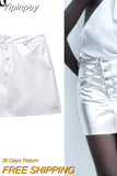 Yipinpay Silver Mini Skirts For Women Faux Leather High Waist Short Skirt Woman Fashion Pockets Streetwear Y2k Women's Summer Skirts