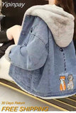 Yipinpay Winter Spring New In Women's Denim Jacket Blue with Hat Hoodie Fashion Oversize Embroidered Streetwear Jean Coat Outerwears