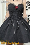 Yipinpay Goth Mall Gothic Emo Jacquard A-line Dresses Elegant Grunge Ruched Bandage Partywear Punk Black Women Halloween Club Dress