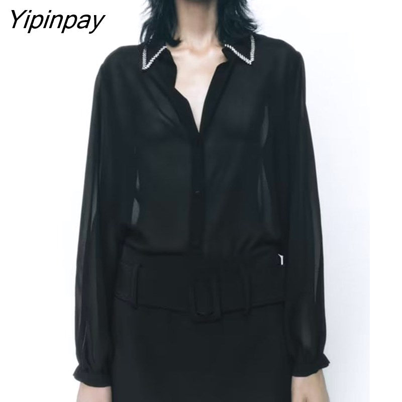 Yipinpay 2023 Women Solid Thin Blouses Spring Summer Fashion Turn Down Collar Long Sleeved Tops Vintage Single Breasted T-Shirts