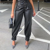 Yipinpay Women Casual High waist Button PU leather Pencil Pants