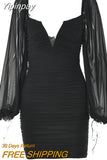 Yipinpay V-Neck Puff Sleeve Ruched Dress Women Party Double Layer Long Sleeve Sexy Mini Dresses Elegant Femme Clubwear Clothing