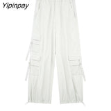Yipinpay Fashion Women Solid Cargo Pants 2023 Summer Fashion High Street Female Causal Pants Elastic Waist Pockets Long Trousers