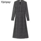 Yipinpay Elegant 2023 Women Dot Dresses With Belt Autumn Fashion Ladies Party Mid-Calf Dresses Fashion Long Sleeve A-line Vestidos