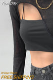 Yipinpay Casual Hollow Smock T Shirt Women Summer New Thin Irregular Long Sleeve Knitted Crop Tops Female