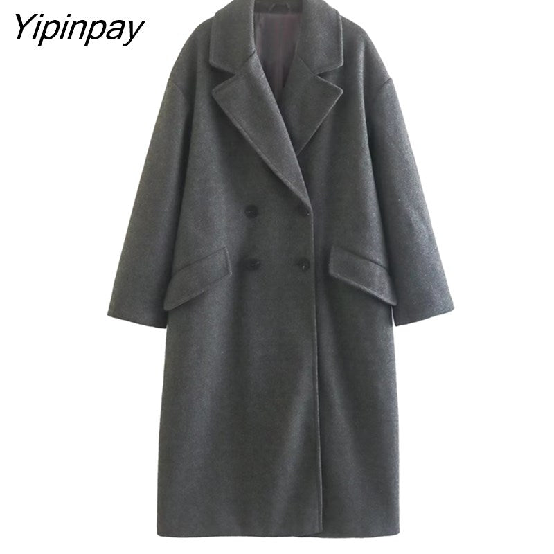 Yipinpay Elegant Ladies Loose Woolen Coat 2023 Winter Simple Double Breasted Long Sleeve Outwear Warm Basic Female Fashion Overcoat