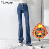 Yipinpay Thicken Velvet Warm Denim Flare Pants Stretch High Waist Casual Winter Plush Bell Bottom Jeans Woman