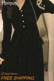Yipinpay Vintage Dress Women Long Sleeve Solid Black Party Dress Female V-Neck Lace Midi Gothic Dress Autumn 2023 Office Lady