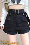 Yipinpay Streetwear Cargo Mini Skirt Women High Waist Belt Denim Shorts Skirts Vintage Korean Pocket Jeans Casual A Line Skirts