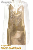 Yipinpay Gold Sequins Diamonds Sexy Night Party Dress Women Sleeveless Halter Backless Mini Dresses Femme Clubwear V-Neck Vestidos