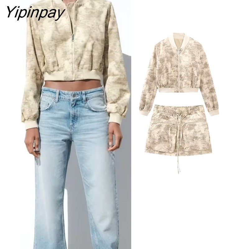 Yipinpay Women Spring Pilot Jackets Skirt Sets 2023 Fashion Print Long Sleeved Short Coats Pockets Elastic Waist Mini Skirts Outwear