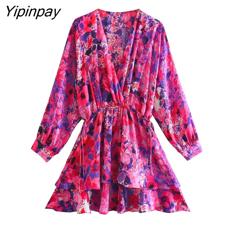 Yipinpay Summer Women Floral Printed Dresses 2023 Elegant V-neck Elastic Waist Mini Dress A-line Batwing Sleeve Party Vestidos