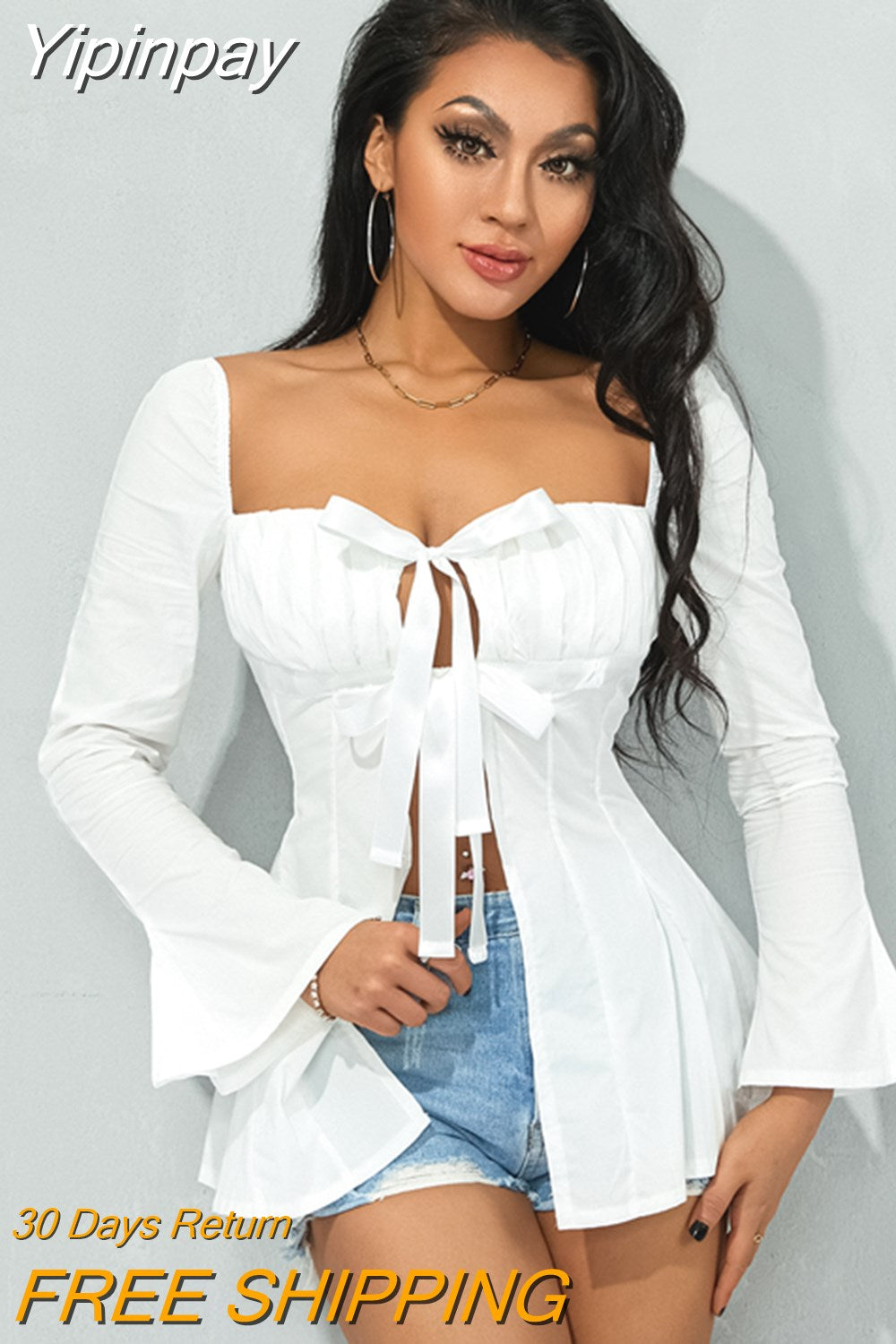 Yipinpay Chic White Shirts for Women Flare Long Sleeves Pleated Square Neck Bow Knotted Dress Tops Casual Elegant Blouses