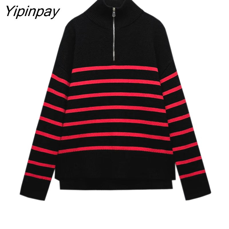 Yipinpay Women Fashion Zipper Collar Sweater 2023 Winter Thicken Striped Loose Knitting Sweater Vintage Long Sleeve Female Pullover