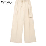 Yipinpay 2023 New Fashion Women Solid Cargo Pants Summer High Waist Straight Long Pants Casual High Street Pocket Outwear Two Colors