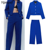 Yipinpay 2023 Autumn Winter Blazer Pant Sets Long Sleeve Coats Office Formal Single Breasted Jacket Zipper Trouser Outwear