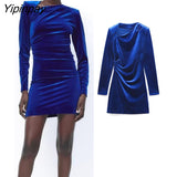Yipinpay 2023 Autumn Ladies Velvet Mini Dresses Elegant Diagonal Collar Folds Dresses Vintage Simple Long Sleeve Vestidos