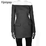 Yipinpay 2023 Autumn Ladies Sheath Mini Dresses Elegant Slash Neck Off Shoulder Party Dresses Vintage Pockets Long Sleeve Vestidos