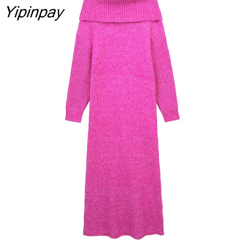Yipinpay Warm Winter Women Long Knitted Dress 2023 Ladies Party Mid-Calf Scarf Collar Vestidos Fashion Long Sleeve A-line Swearters