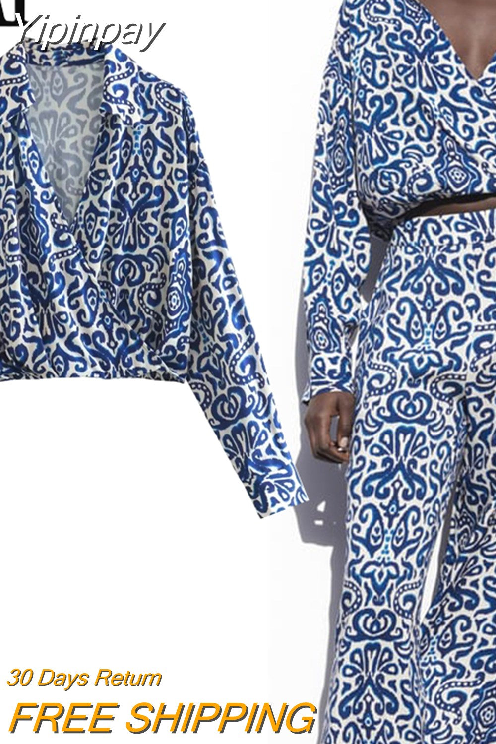 Yipinpay Blue Print Crop Top Women Wrap Cropped Shirt Woman Long Sleeve Summer Blouses Woman 2023 Elegant And Vintage Women's Blouse