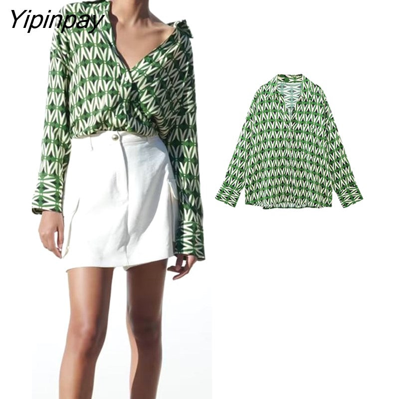 Yipinpay Summer Women Geometric Print Blouses 2023 Fashion Causal Turn Down Collar Shirts Thin Single Breasted Long Sleeve T-Shirts