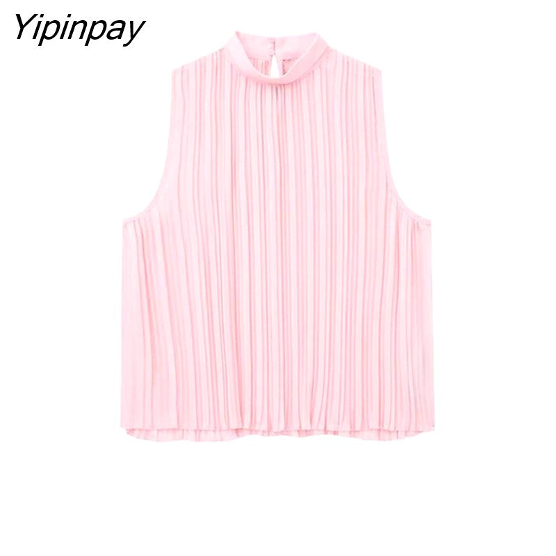 Yipinpay Women Chiffon Pleated Skirts Sets 2023 Summer Thin Female Elegant Sleeveless Shirts Mid-Calf A-Line Skirts