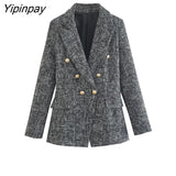 Yipinpay 2023 Women Office Lady Blazer Skirts Sets Autumn Winter Elegant Female Double Breasted Jackets Mini Skirt Long Sleeve Tops