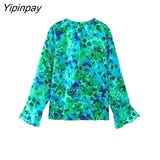 Yipinpay 2023 Summer Women Printed Blouses Shirt 2023 Thin Female Ruffles V-neck Long Sleeve Tops Single Breasted T-Shirts