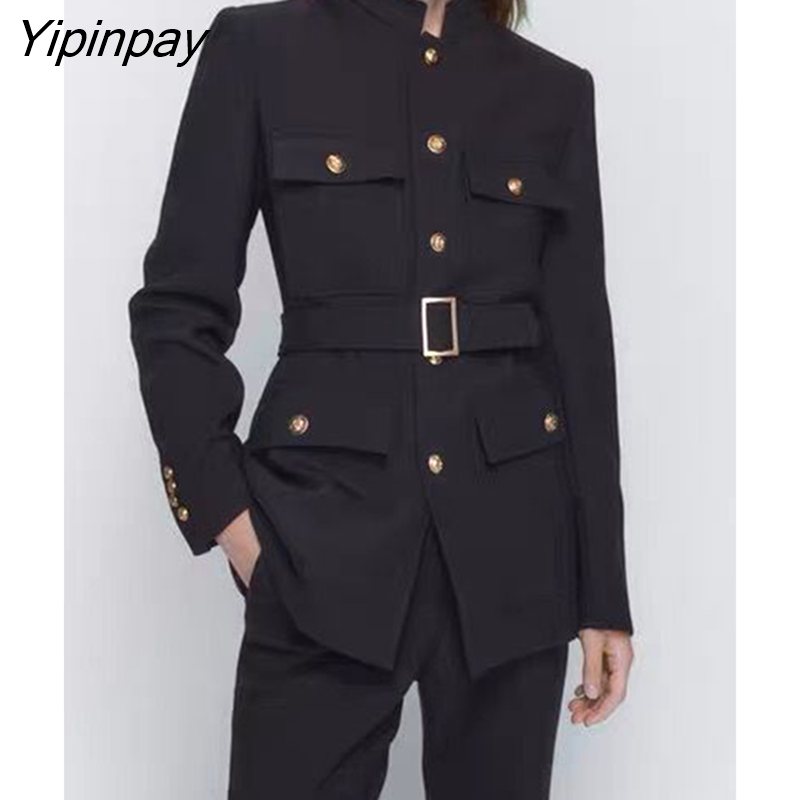 Yipinpay Women Single Breasted Blazer Coat With Belt 2023 Autumn Vintage Long Sleeve Flap Pockets Female Outerwear Chic Vestes Femme