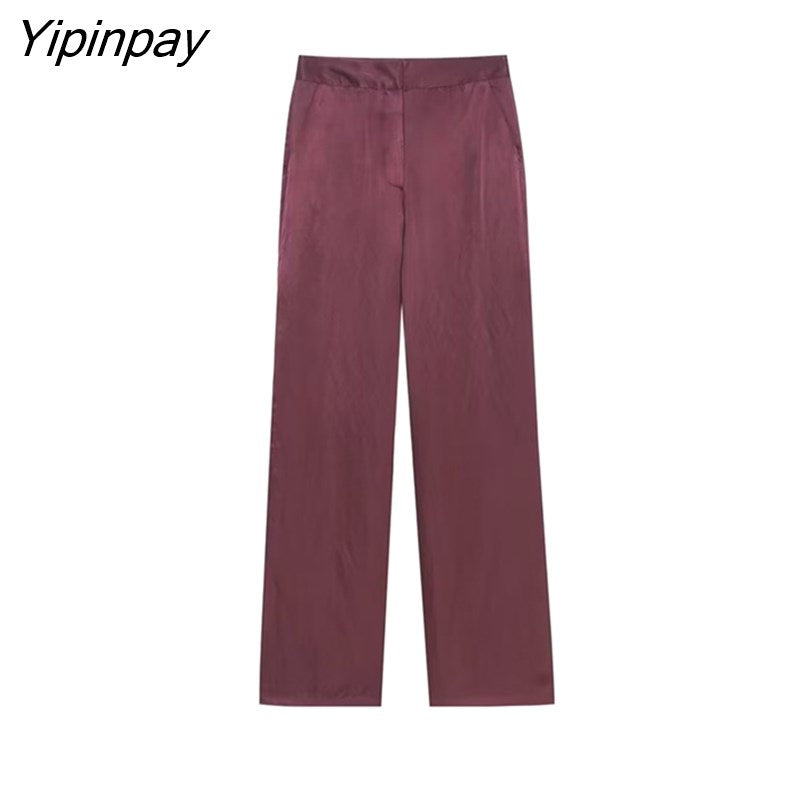 Yipinpay New Fashion Women Pant Shirt Sets 2023 Summer Long Sleeved Soft Silk Blouse+Elastic Waist Wide Leg Pants Outwear