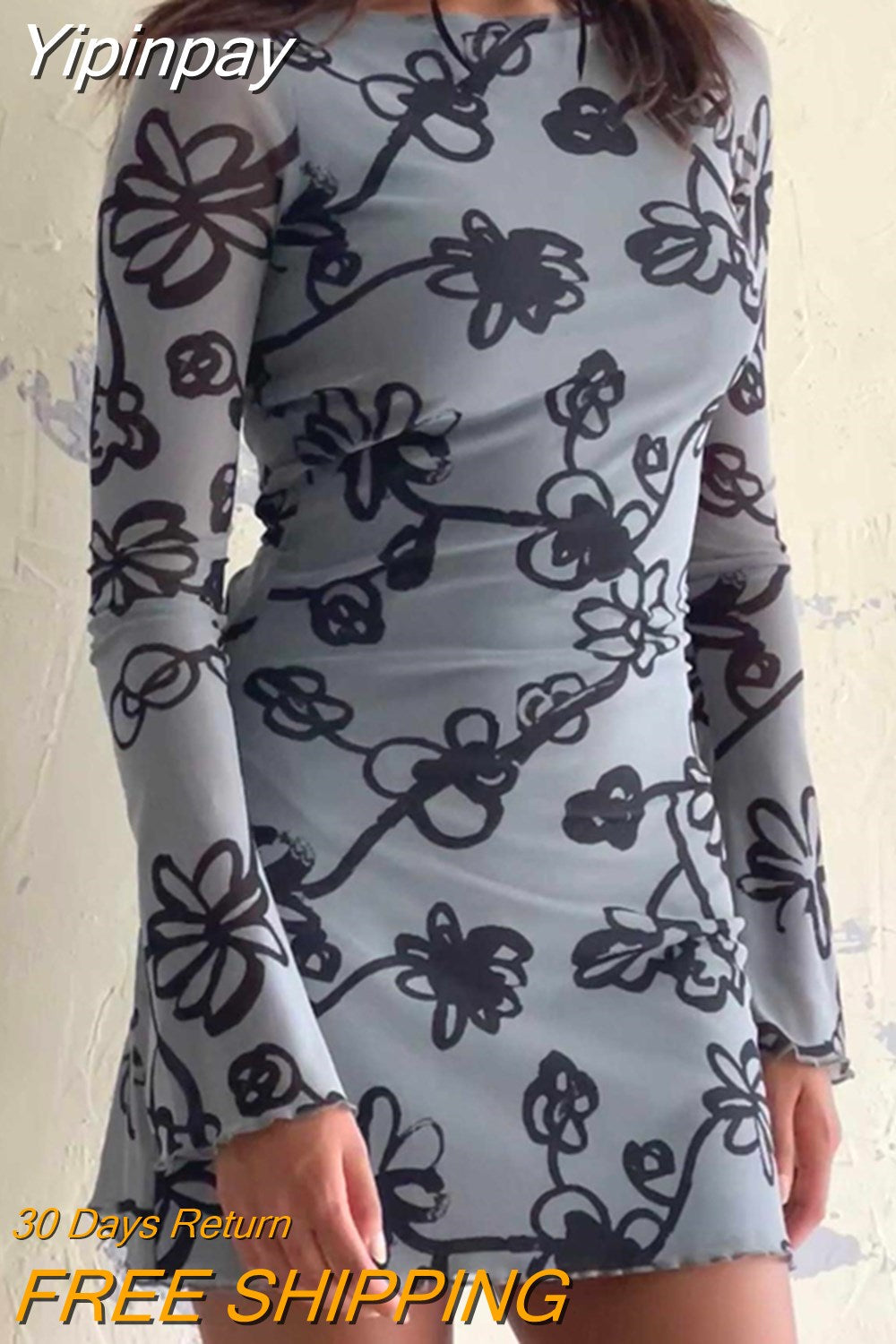 Yipinpay Female Short Dress Solid Color Floral Print Long Sleeve Backless Fashion Black Khaki Skin Friendly Club Street Style S M L 911