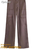 Yipinpay Women's Cargo Trousers Brown Cargo Pants Women High Waist Baggy Pants Woman Fashion Pockets Streetwear Satin Casual Pants
