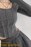 Yipinpay New Fishbone Pattern Women's Long Sleeve T-shirt Fashion High Waist Slim Square Collar Cropped Tops Woman