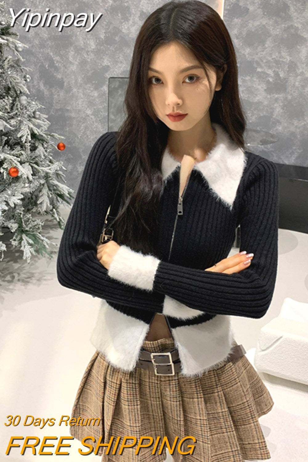Yipinpay Winter Faux Fur Y2k Crop Tops Korean Fashion Knitted Sweater Zipper Design Long Sleeve Casual Pullover Female Slim Chic