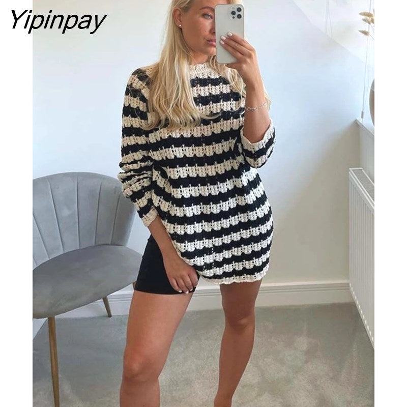 Yipinpay Soft Women Striped Knitted Sweater 2023 Spring Autumn Harajuku Fashion Cropped Hollow Out Tops O-neck Long Sleeve Sweater