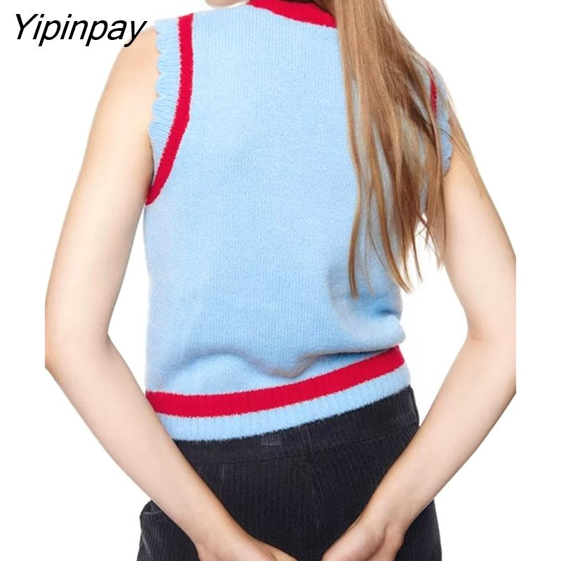 Yipinpay 2023 Women Embroidery Knitted Vest Sweater Spring Autumn Vintage O-neck Sleeveless Female Waistcoat Chic Tops