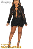 Yipinpay Floral Hollow Out Outfits Two Piece Sets Women V-Neck Long Sleeve Shirts And Hig Waist Shorts Outwear Fashion Shorts Set
