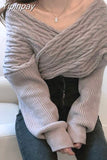 Yipinpay Off Shoulder Sexy V-neck Cross Loose Twist Patchwork Sweaters Solid Color Long Sleeve Knitted Pullovers Autumn Spring 2023