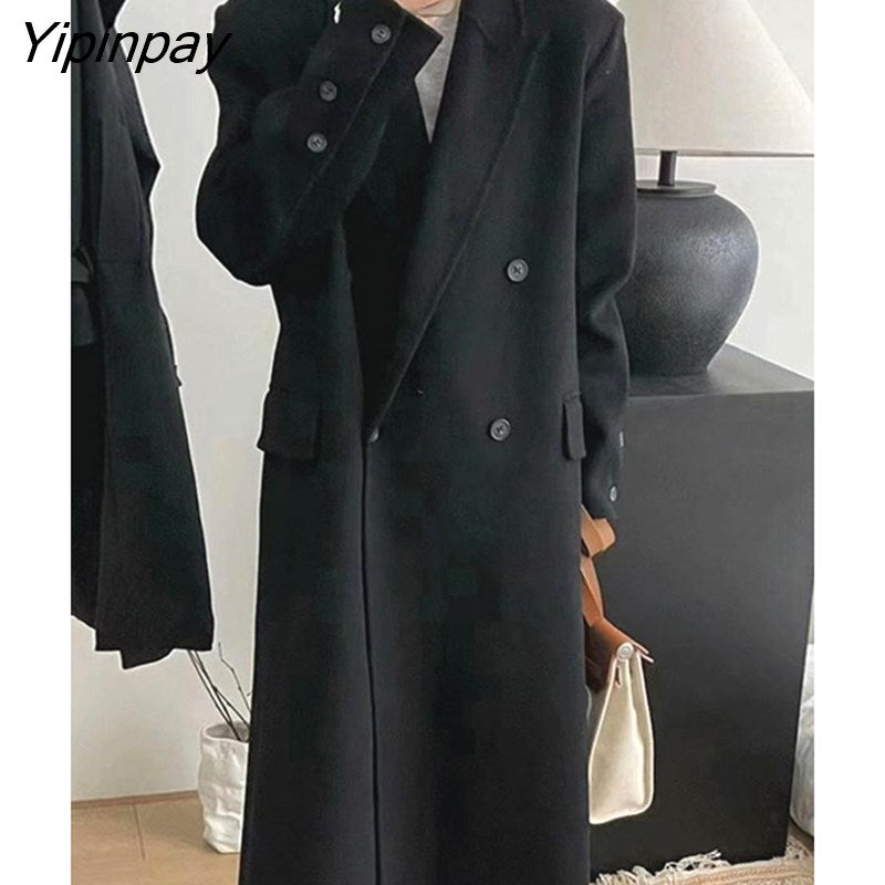 Yipinpay Women's Winter Elegant Thick Woolen Coats Women 2023 Street Temperament Loose Long Overcoat Warm Vintage Green Outwear