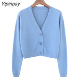 Yipinpay Summer Knitted Crop Cardigan Women Korean Short Sweater Long sleeve V neck Green Blue