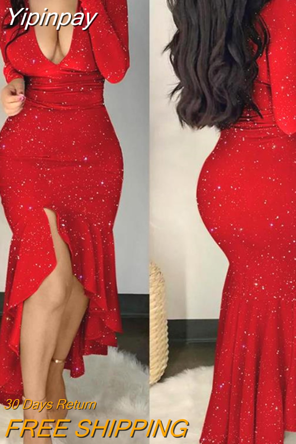 Yipinpay Contrast Sequin One Shoulder Mermaid Dress Elegant Dresses for Women Casual New Fashion 2023 Casual