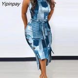 Yipinpay Women Casual Sleeveless Button Decoration with Belt Ripped Patchwork Midi Denim Dress